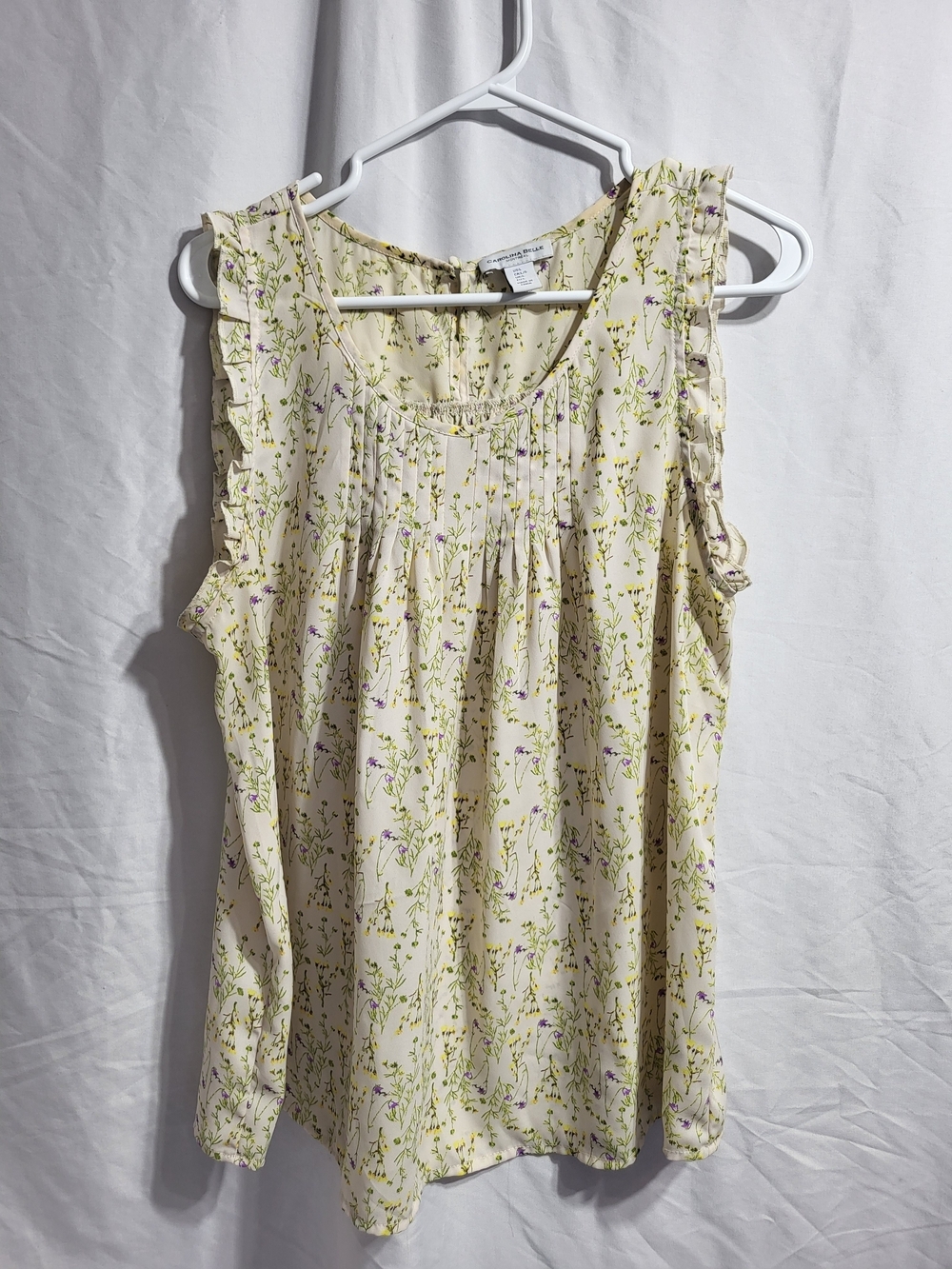 Carolina Belle Cream Floral V-Neck Blouse with Purple Green Print, Size Large